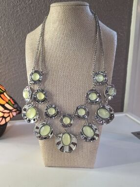 Silver Statement Necklace with Pale Green Sparkling Cabochons